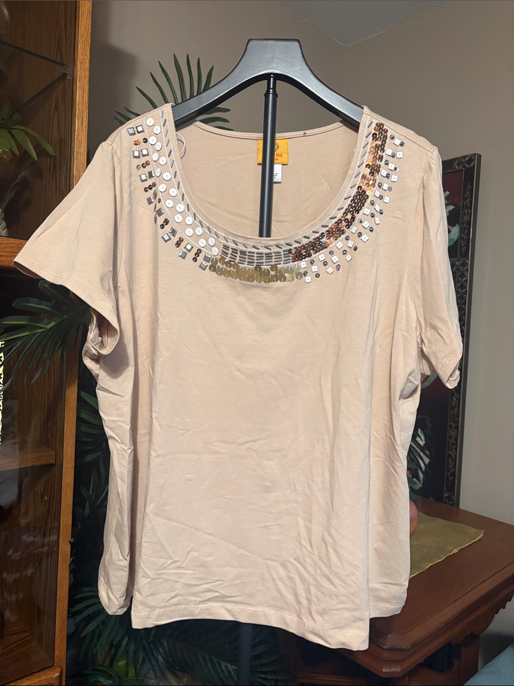 Ruby Rd. Beige Scoop Neck Top with Sequin Embellished Neckline